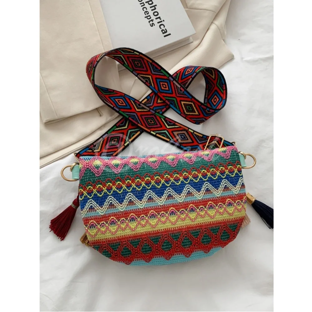 Boho Embroidered Fanny Pack Style Crossbody Bag with Tassels - Picture 5 of 16